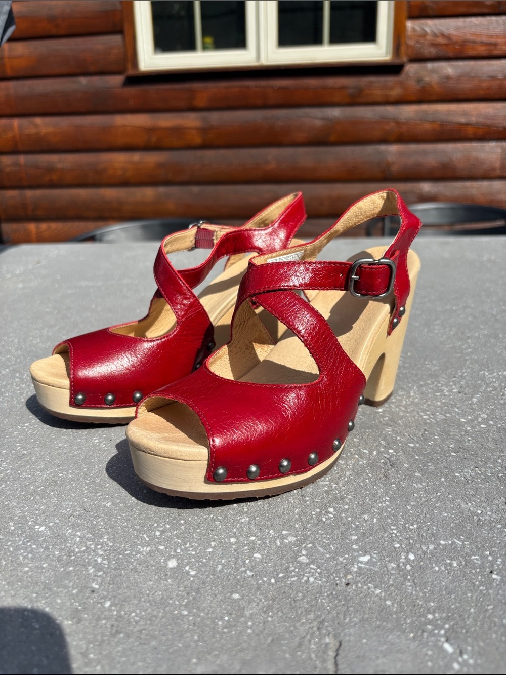 UGG Red Leather Platform Wedge Sandals with Stud Accents